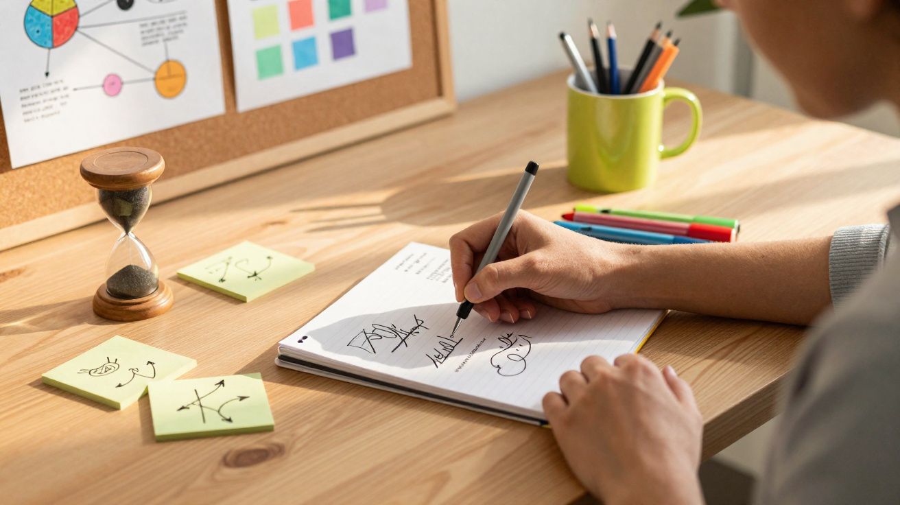 Pessoa a desenhar diagramas e gráficos num caderno numa secretária de madeira com post-its e lápis coloridos.