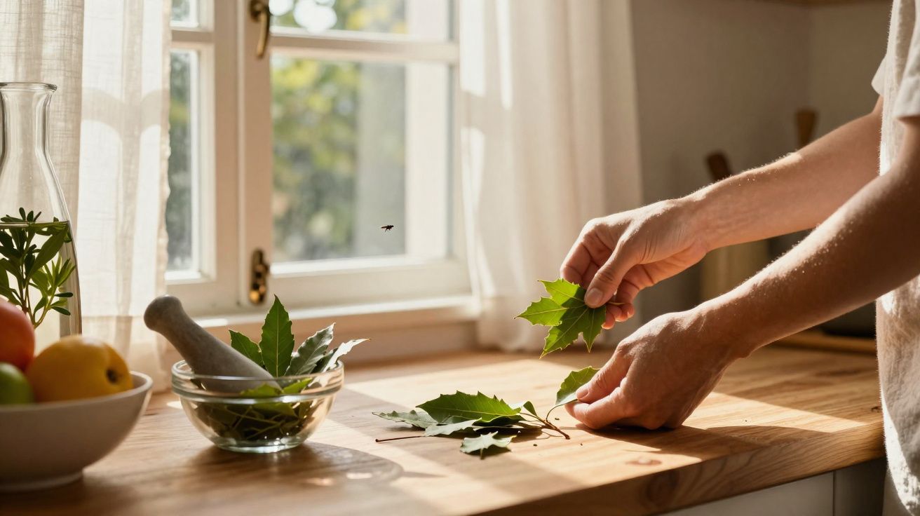 Mãos a preparar folhas frescas numa bancada de cozinha iluminada pela luz natural junto a uma janela aberta.