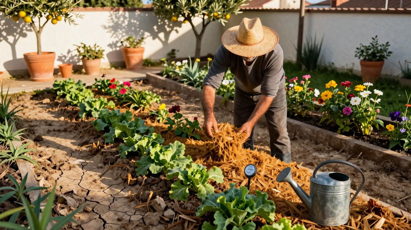 Homem com chapéu de palha cuida de plantas num jardim com flores e horta sob luz solar.