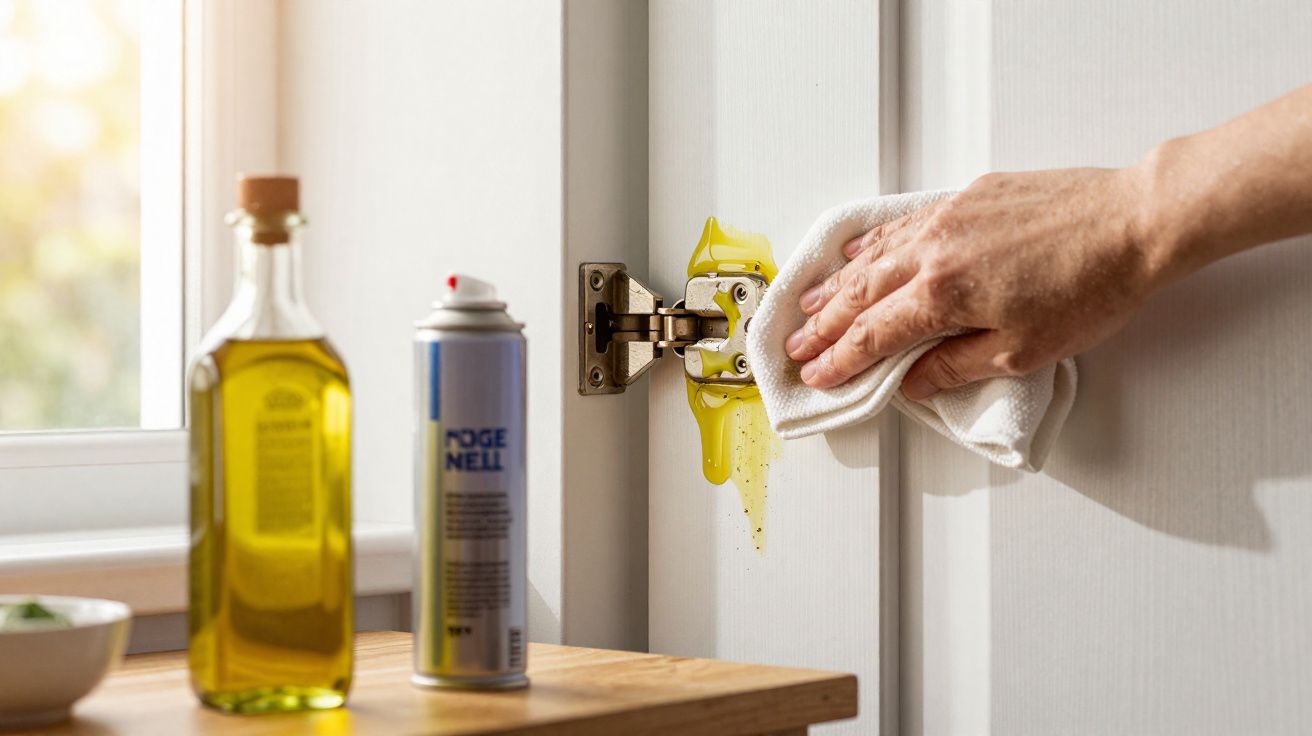 Mão a limpar porta de armário da cozinha com pano branco para remover líquido derramado.