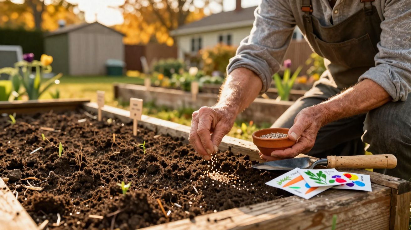 Pessoa a semear sementes numa cama de cultivo em jardim com luz do sol ao fundo.