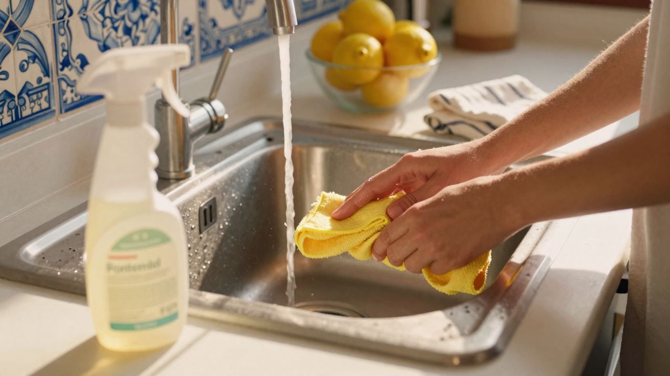 Pessoa a limpar a pia da cozinha com pano amarelo e torneira com água a correr.