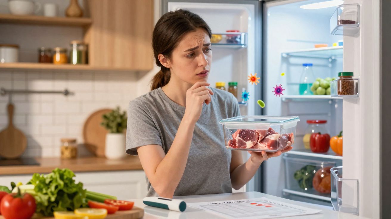 Mulher preocupada a segurar carne crua junto ao frigorífico aberto na cozinha.