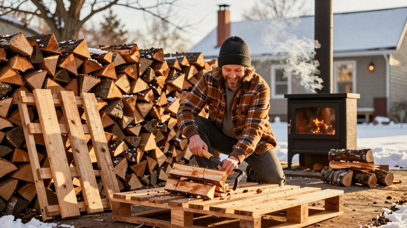 Homem a partir lenha junto a pilha grande, com lareira exterior acesa em ambiente nevado.