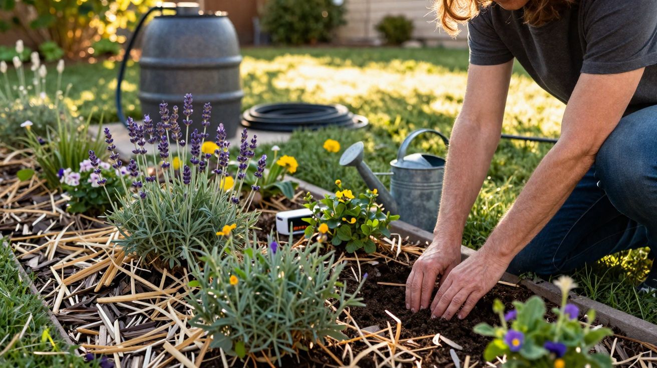 Pessoa a plantar flores num canteiro de jardim com regador e mangueira ao fundo.