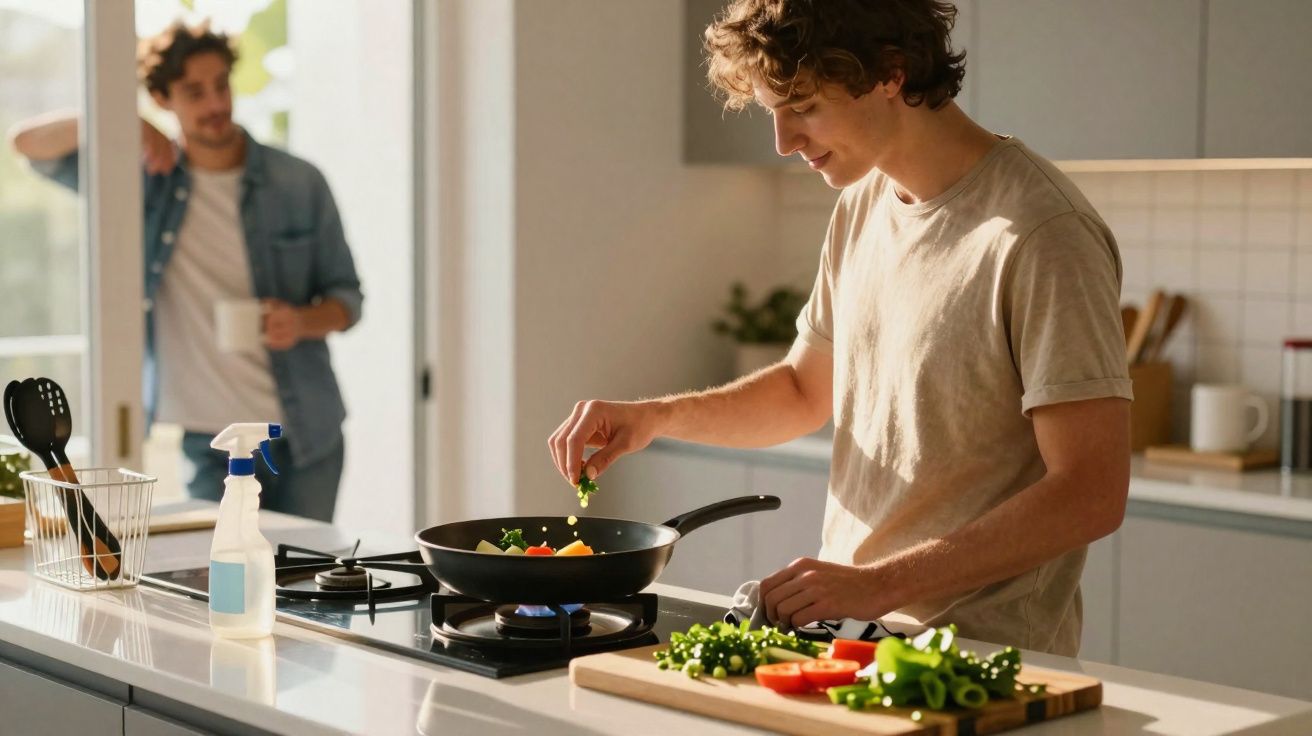 Homem a cozinhar legumes frescos numa frigideira enquanto outro observa na cozinha moderna.