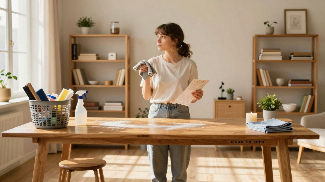 Mulher jovem a limpar mesa de madeira clara num ambiente doméstico iluminado, com prateleiras ao fundo.