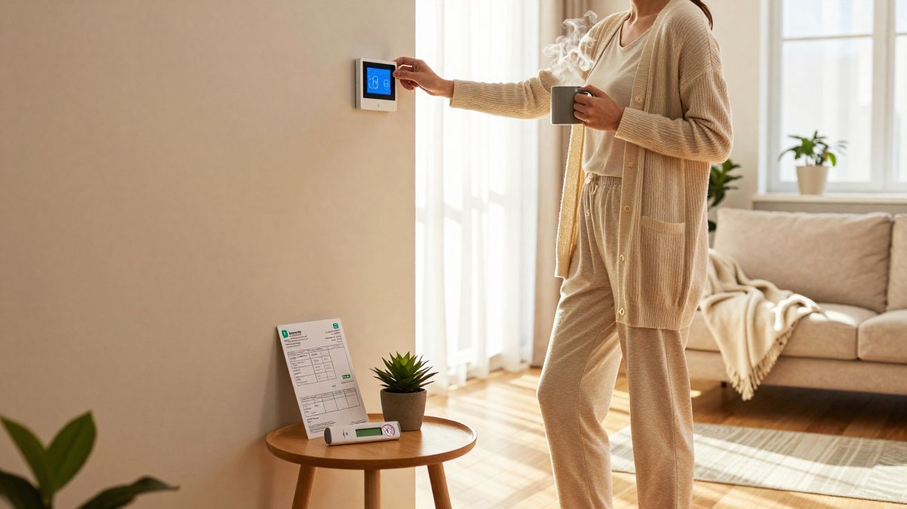 Pessoa de pijama ajusta termostato digital numa sala luminosa, com caneca de chá nas mãos.