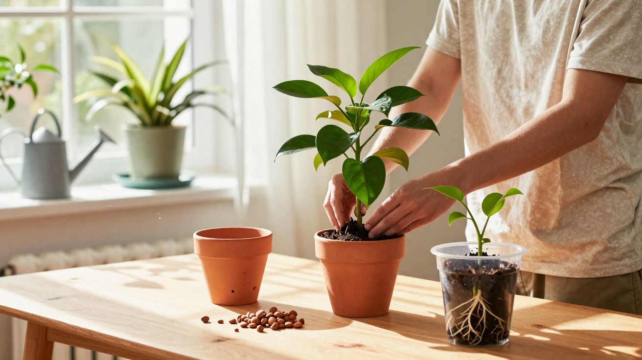 Pessoa a transplantar muda de planta para vaso de barro num ambiente interior iluminado.