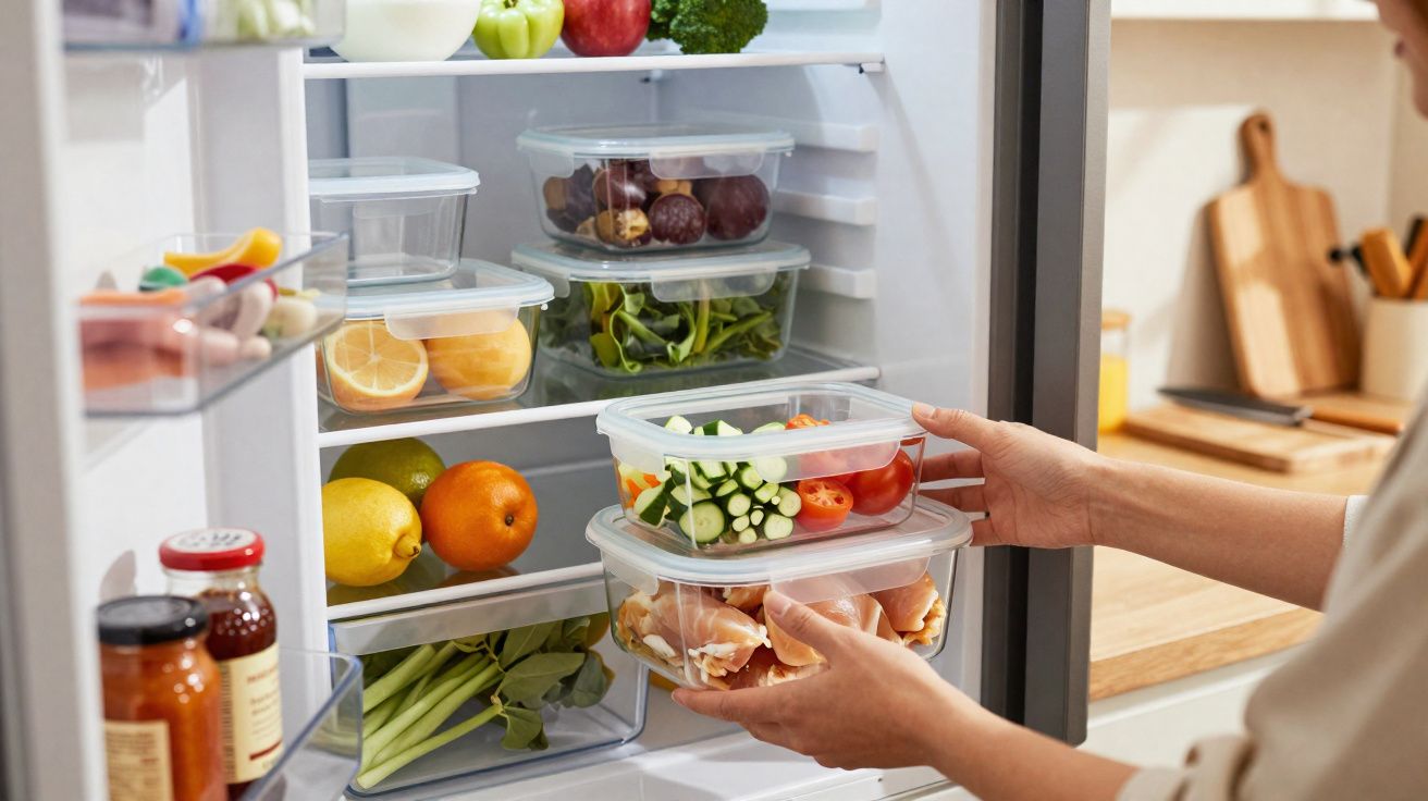 Interior de frigorífico aberto com vários recipientes de plástico e frutas frescas organizadas.
