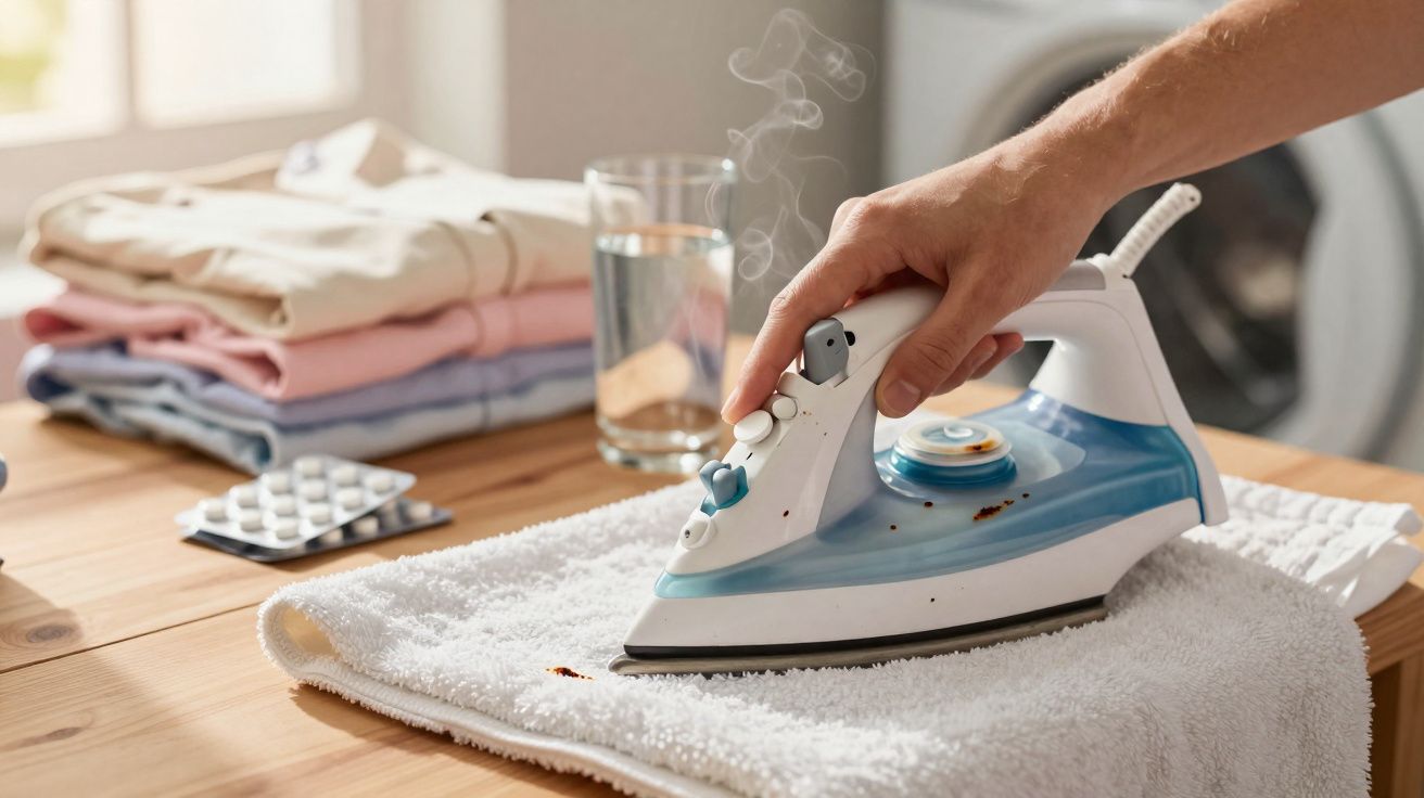 Mão a passar a ferro toalha branca com vapor, em cima de mesa de madeira; ao fundo roupas dobradas e tabletes de medicamentos
