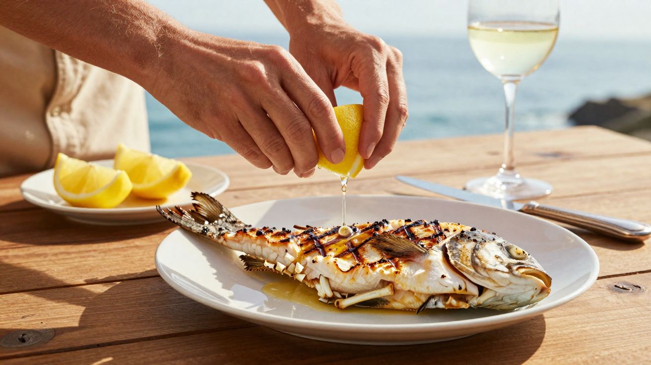 Pessoa a espremer limão sobre peixe grelhado num prato branco, com copo de vinho e mar ao fundo.