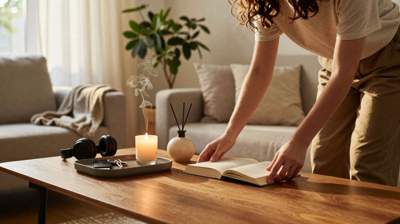 Pessoa a abrir um livro numa mesa de madeira com vela acesa e auscultadores numa sala acolhedora.