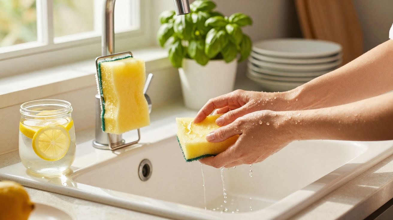 Mãos a lavar prato com esponja amarela junto a pia, jarro com água e rodelas de limão na cozinha iluminada.
