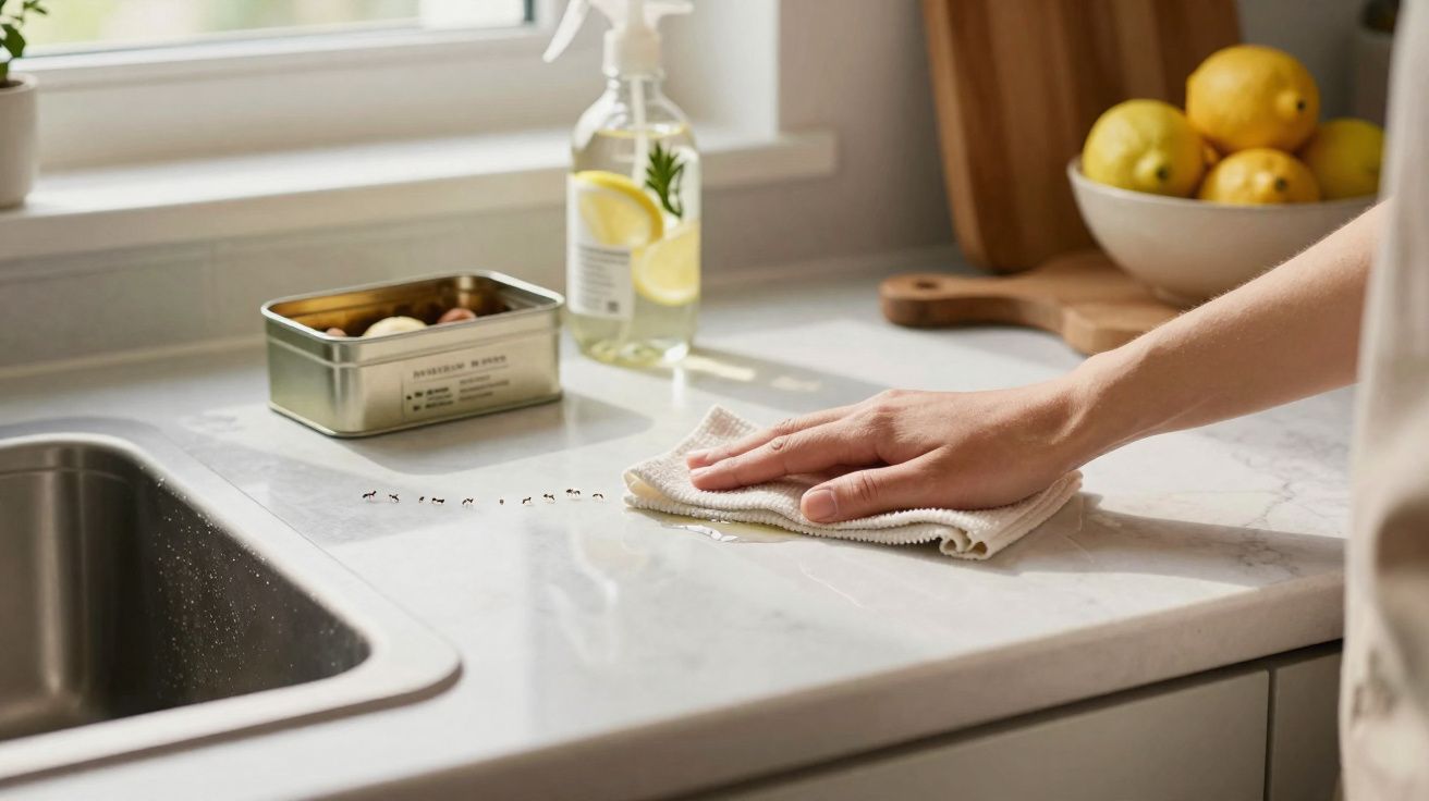 Mão a limpar bancada de cozinha branca com pano, ao lado de lava-loiças, frasco e frutos cítricos numa taça.