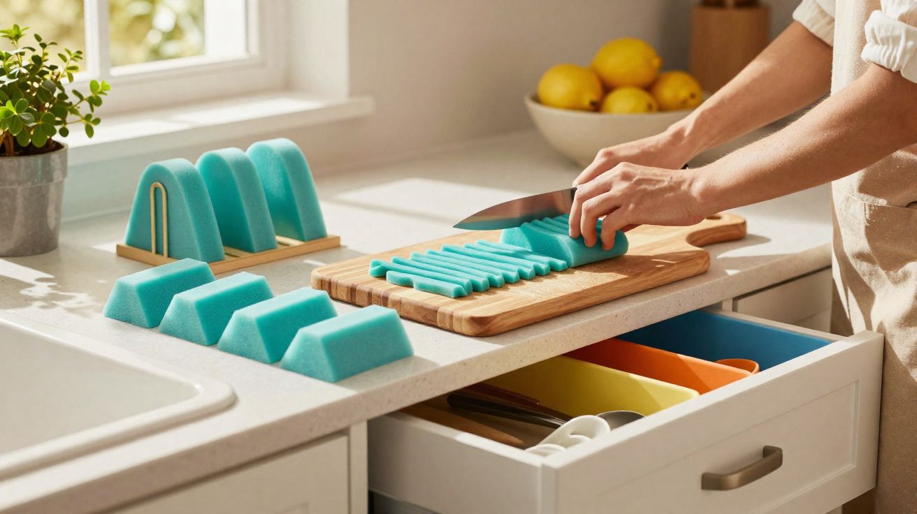 Pessoa a cortar esponjas azuis em fatias finas numa cozinha luminosa com plantas e fruta.