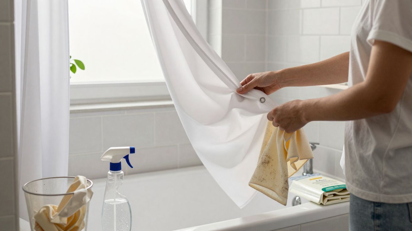 Pessoa limpa cortina de chuveiro branca nas mãos, com mola de limpeza e balde ao lado da banheira.