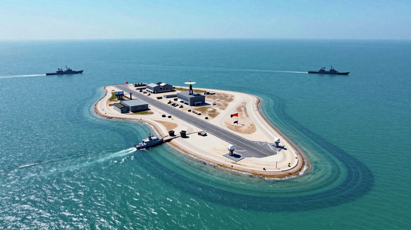 Pequena ilha artificial com construções e embarcações militares ao redor, localizada num mar calmo.