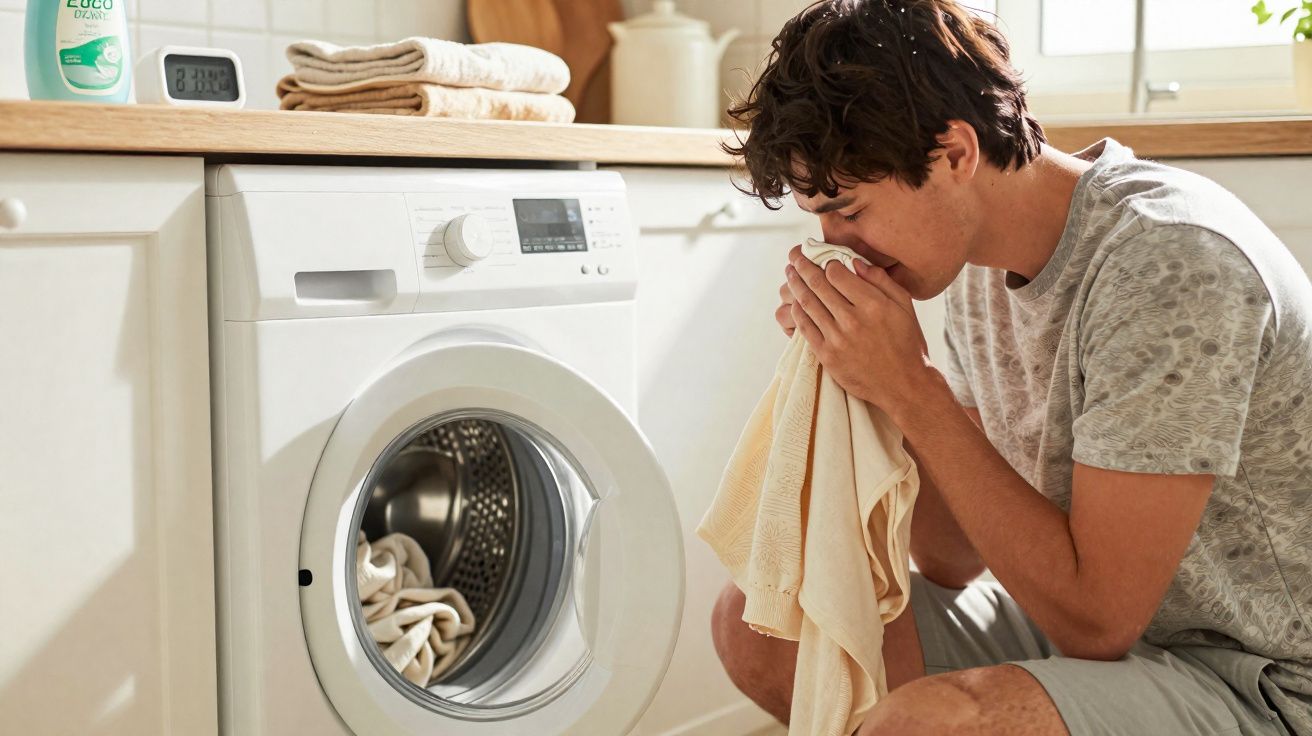 Homem verifica cheiro de roupa acabada de lavar junto a máquina de lavar roupa na cozinha.
