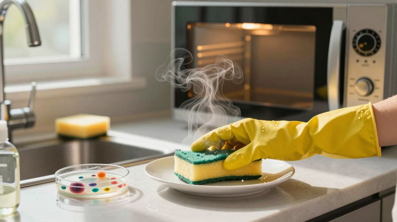Mão com luva amarela segurando esponja a vapor sobre prato numa cozinha com micro-ondas ao fundo.