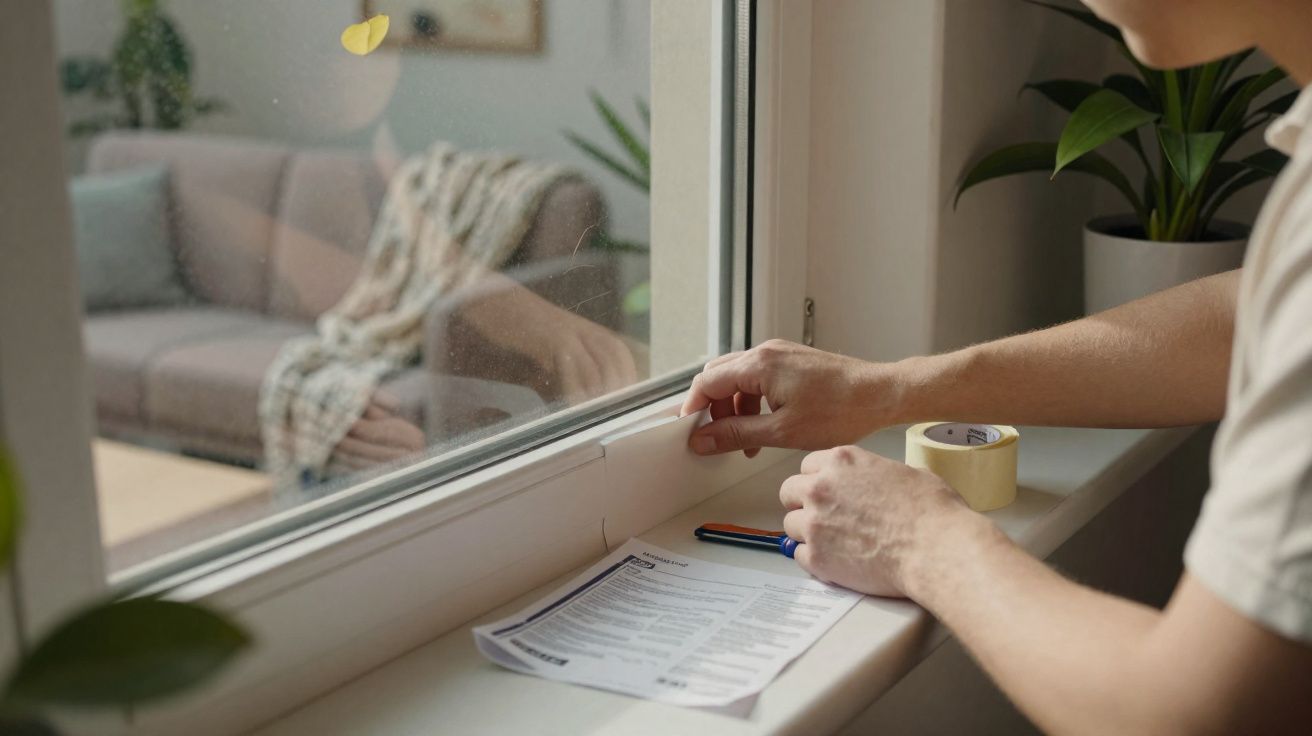 Pessoa a aplicar fita adesiva numa janela, com documento e caneta na beira da janela, numa sala iluminada.
