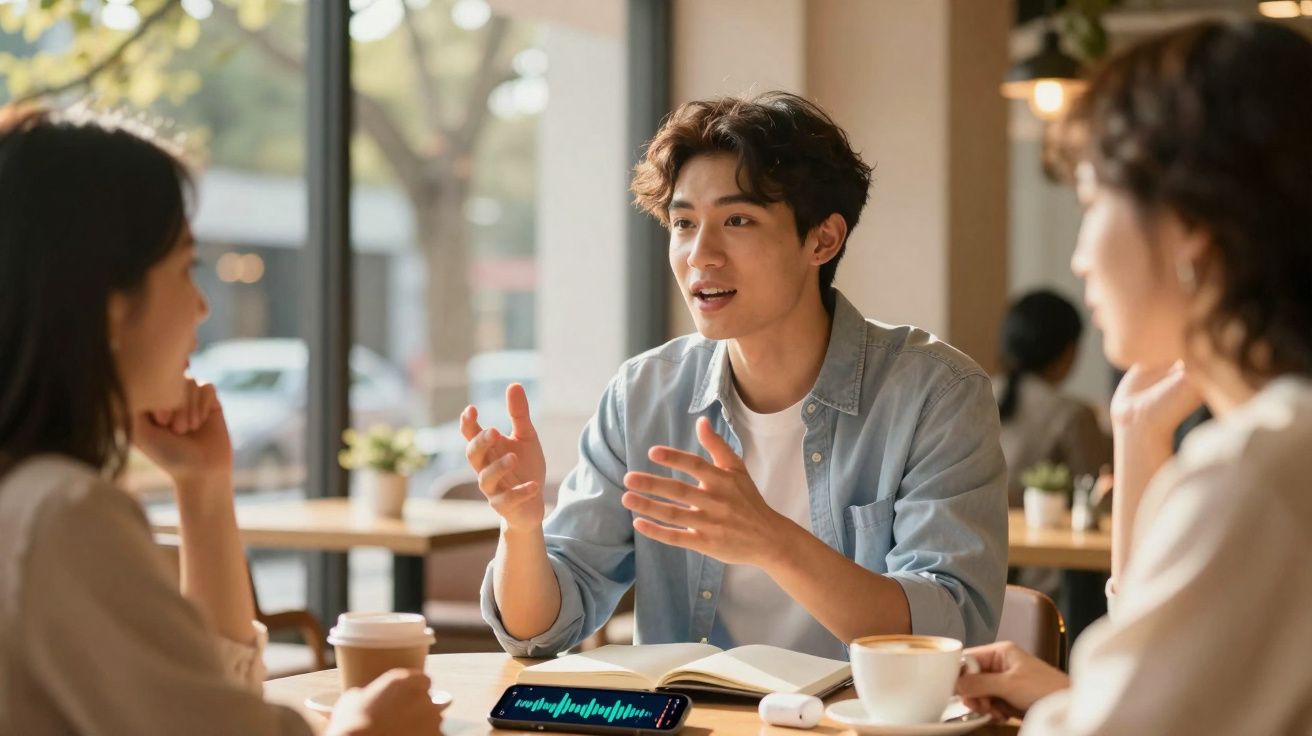 Jovem a conversar animadamente com duas pessoas num café, com livros e café na mesa.