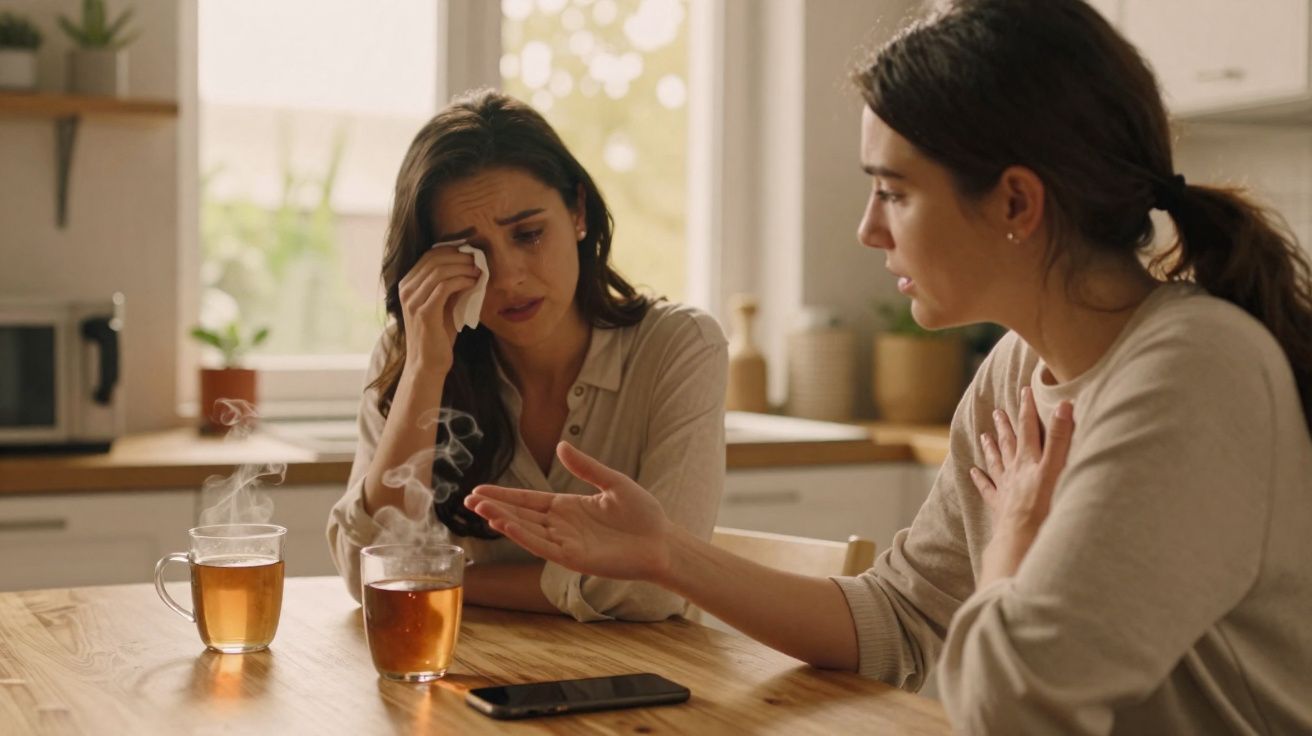 Duas mulheres sentadas à mesa da cozinha, uma a chorar e a outra a consolá-la, com chá quente e telemóvel à frente.