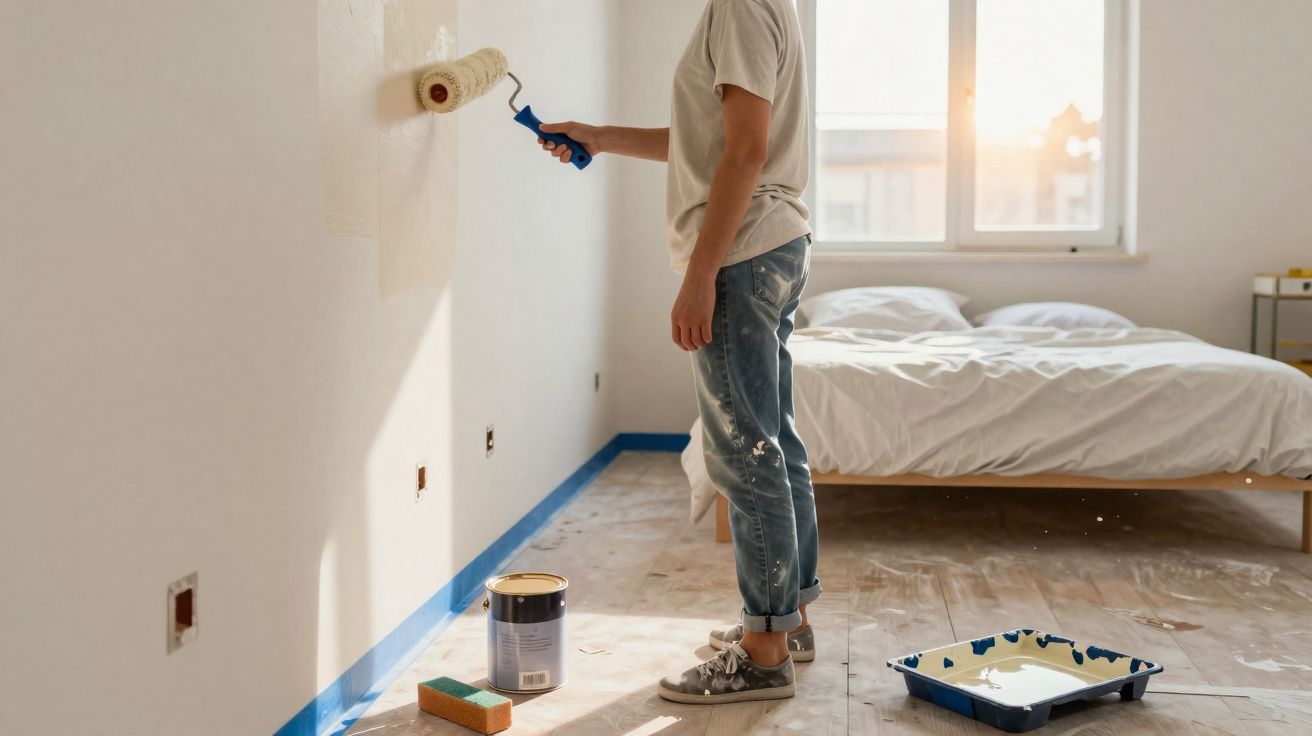 Pessoa a pintar uma parede branca numa divisão com cama e janela ao fundo durante o dia.