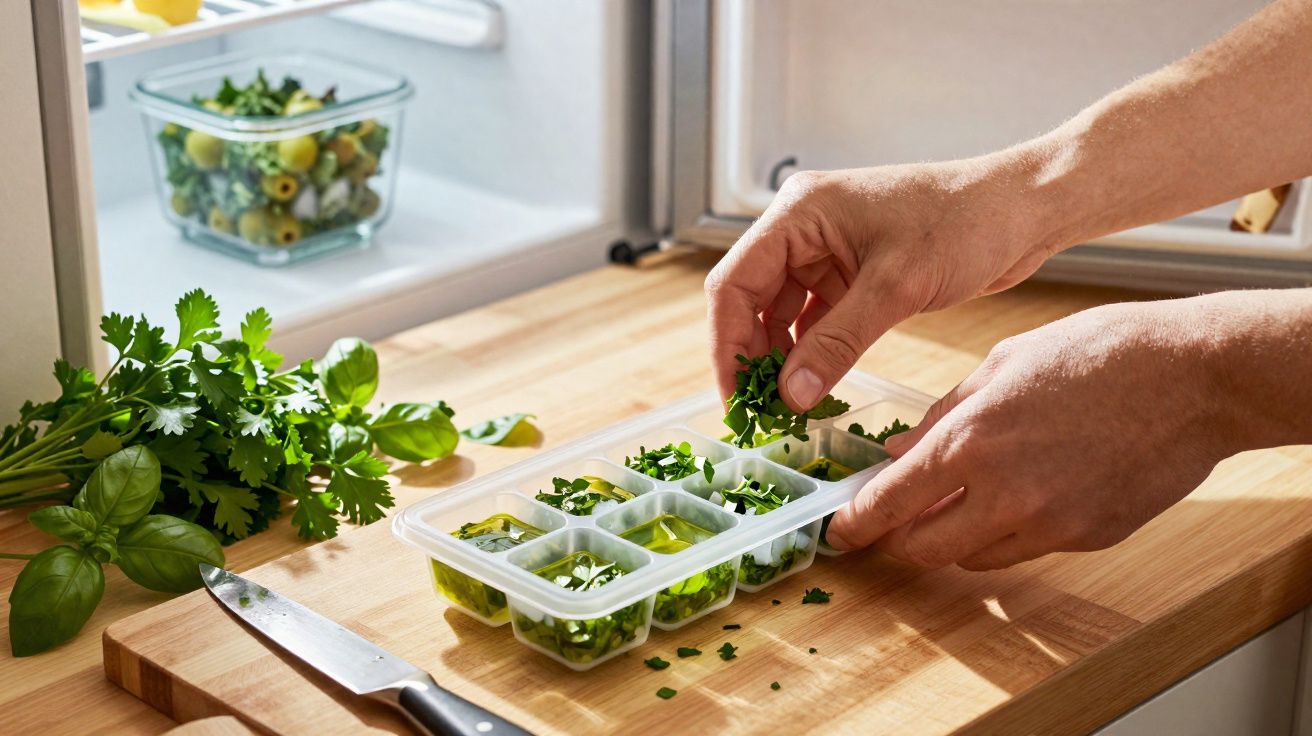Mãos a colocar ervas picadas e azeite em formas de gelo para congelar na cozinha.