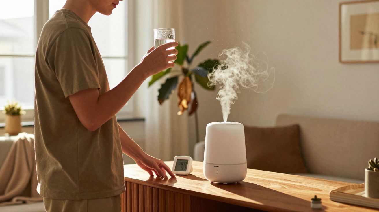 Pessoa segurando copo de água perto de humidificador a funcionar numa sala iluminada.