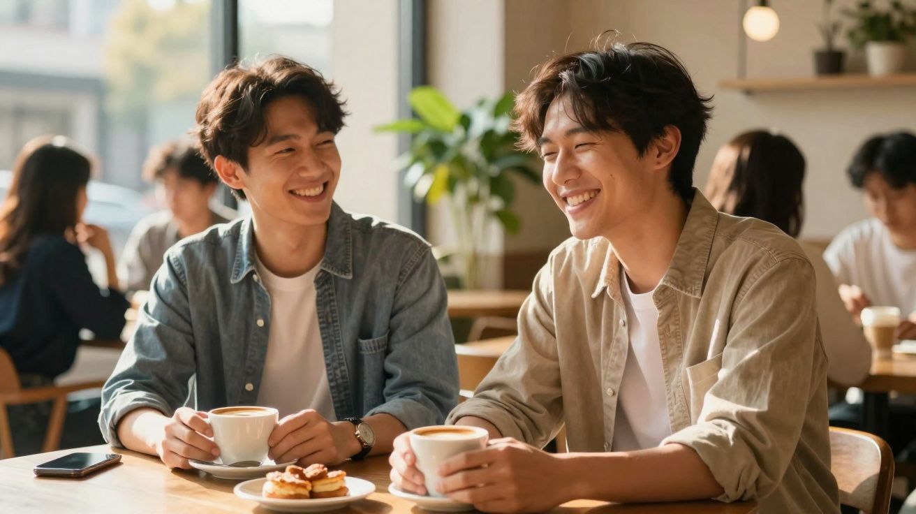 Dois jovens sorridentes conversam e tomam café numa esplanada acolhedora com outras pessoas ao fundo.