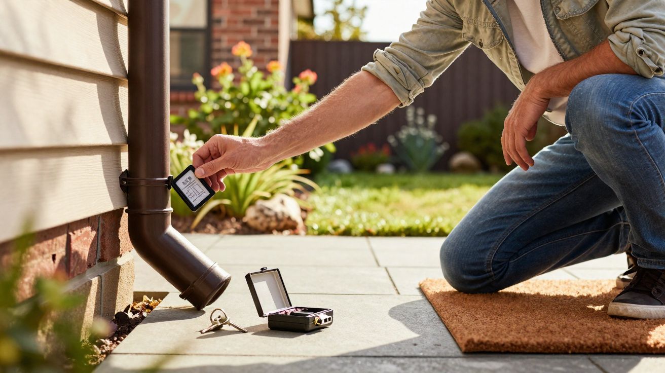 Homem a instalar dispositivo preto num tubo de escoamento de água numa casa, ao ar livre.