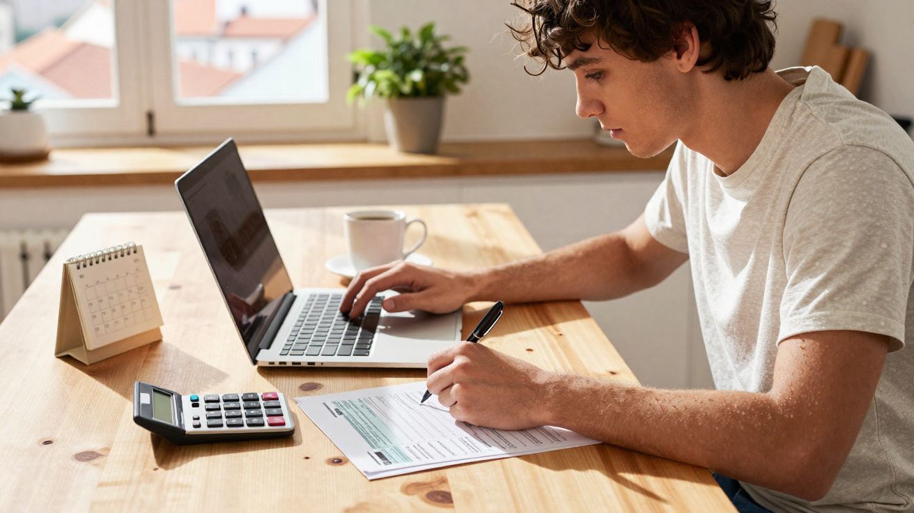 Jovem sentado a preencher documentos com um portátil, calculadora e calendário numa mesa de madeira.