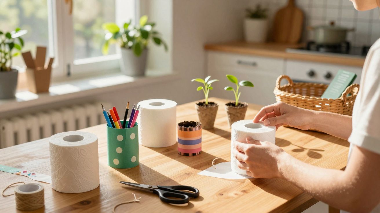 Mãos a plantar sementes em rolos de papel higiénico num ambiente iluminado com materiais de jardinagem e lápis.