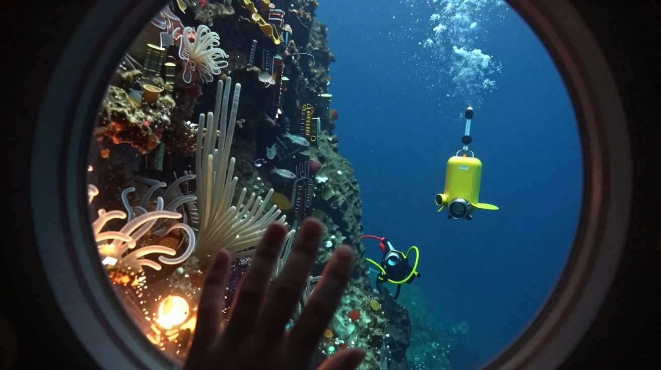 Visão submarina através de escotilha com mão, corais e drone subaquático amarelo e mergulhador.