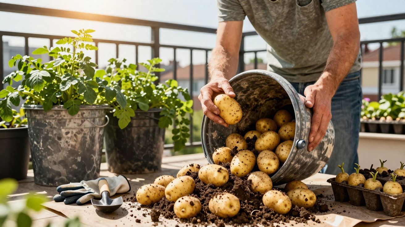 Pessoa a manusear batatas recém colhidas de um balde, rodeada de vasos com plantas numa varanda ensolarada.