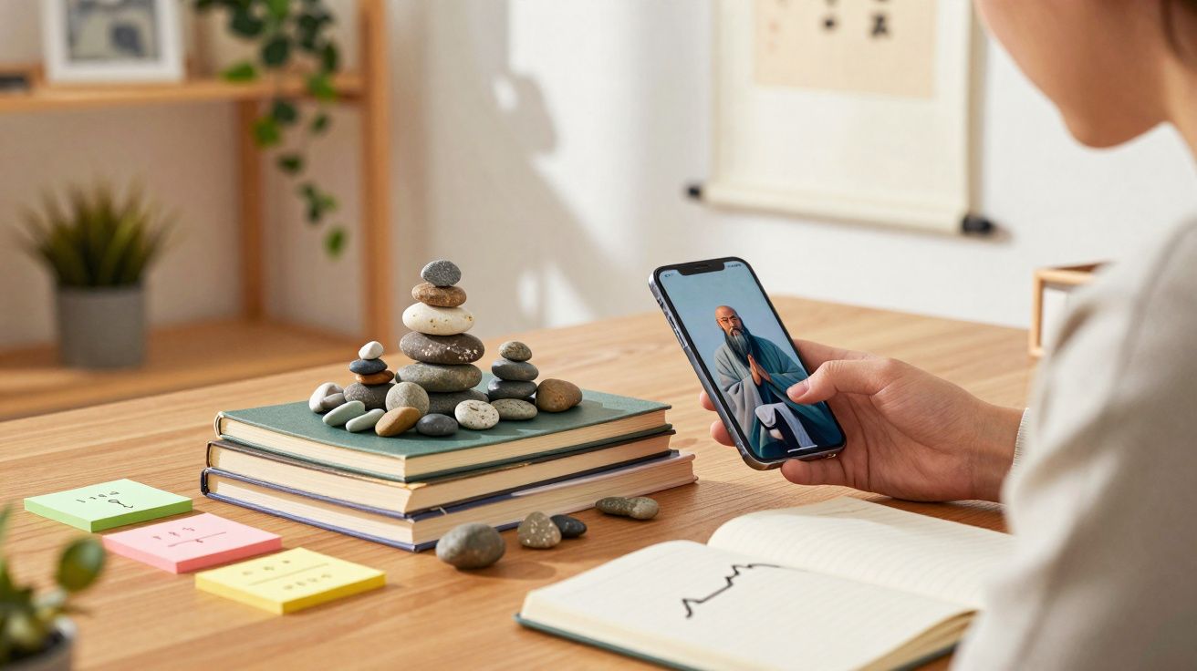 Pessoa a fazer videochamada com homem barbudo, pedras empilhadas e cadernos numa mesa de madeira.