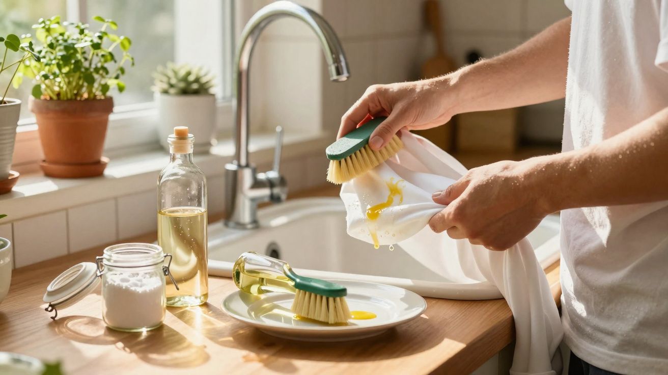 Pessoa a remover nódoa amarela de uma t-shirt branca com escova na cozinha, perto da pia e produtos de limpeza.