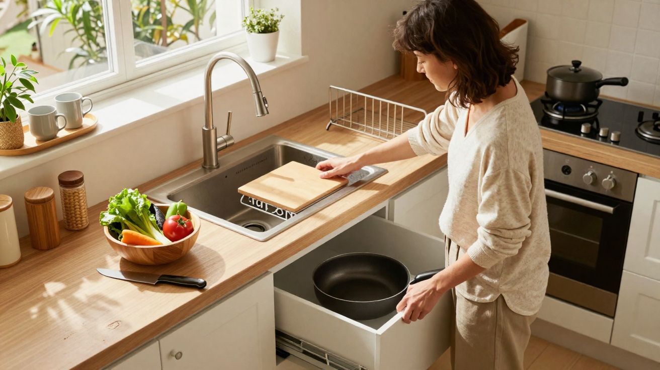 Mulher a guardar uma frigideira numa gaveta na cozinha moderna com legumes e utensílios na bancada.