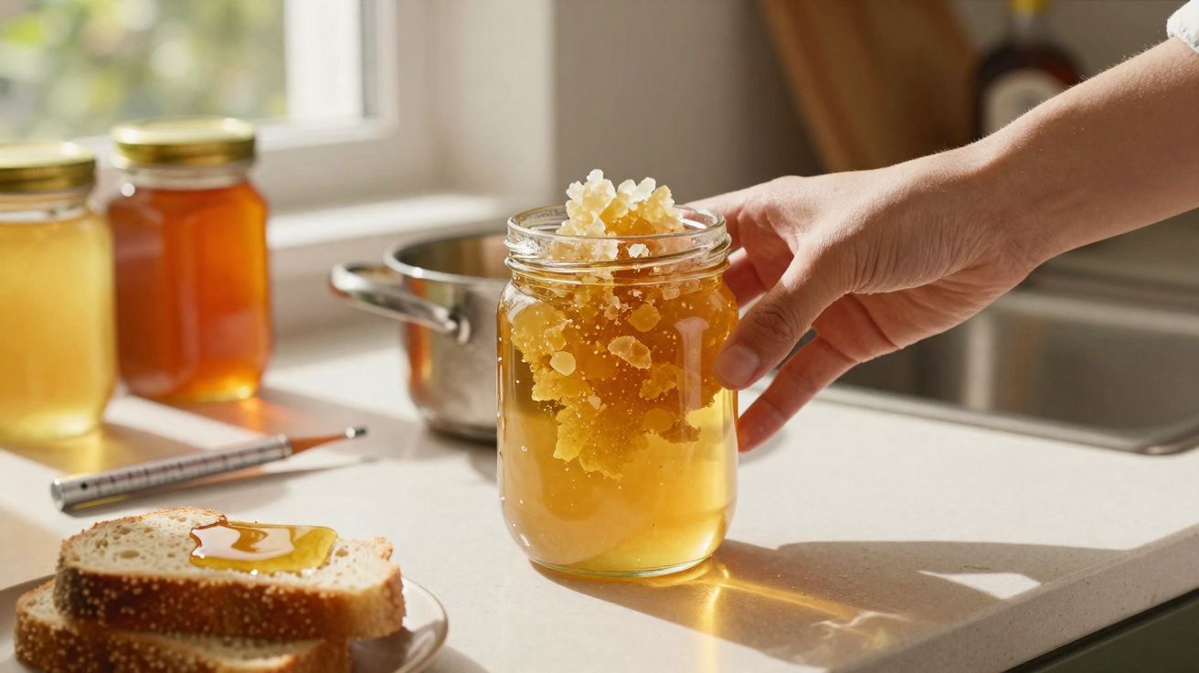 Mão a segurar frasco com favo de mel, pão com mel no prato e frascos de mel sobre bancada iluminada.