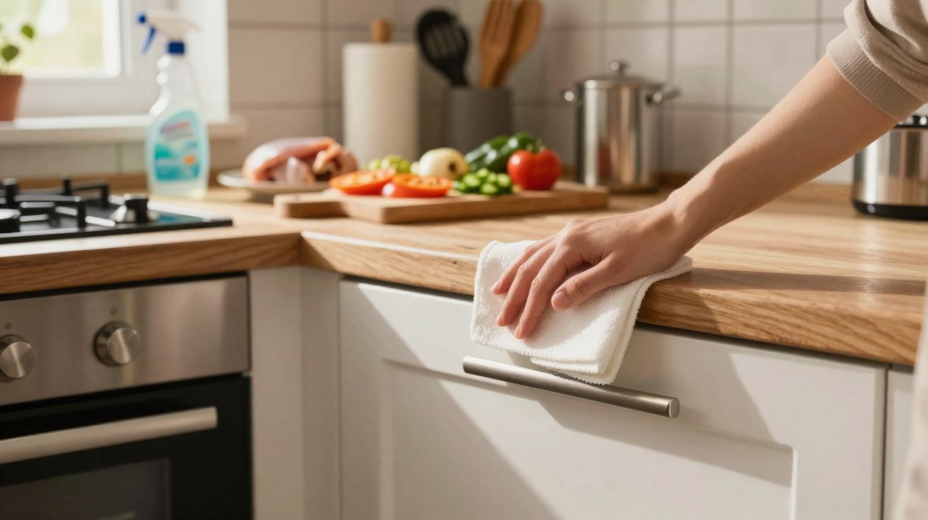 Mão a limpar a bancada de madeira da cozinha com um pano branco, com legumes e spray de limpeza ao fundo.