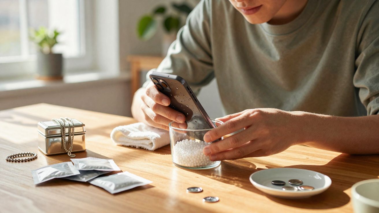 Pessoa a mergulhar um telemóvel húmido num copo com pequenas esferas absorventes numa mesa de madeira.