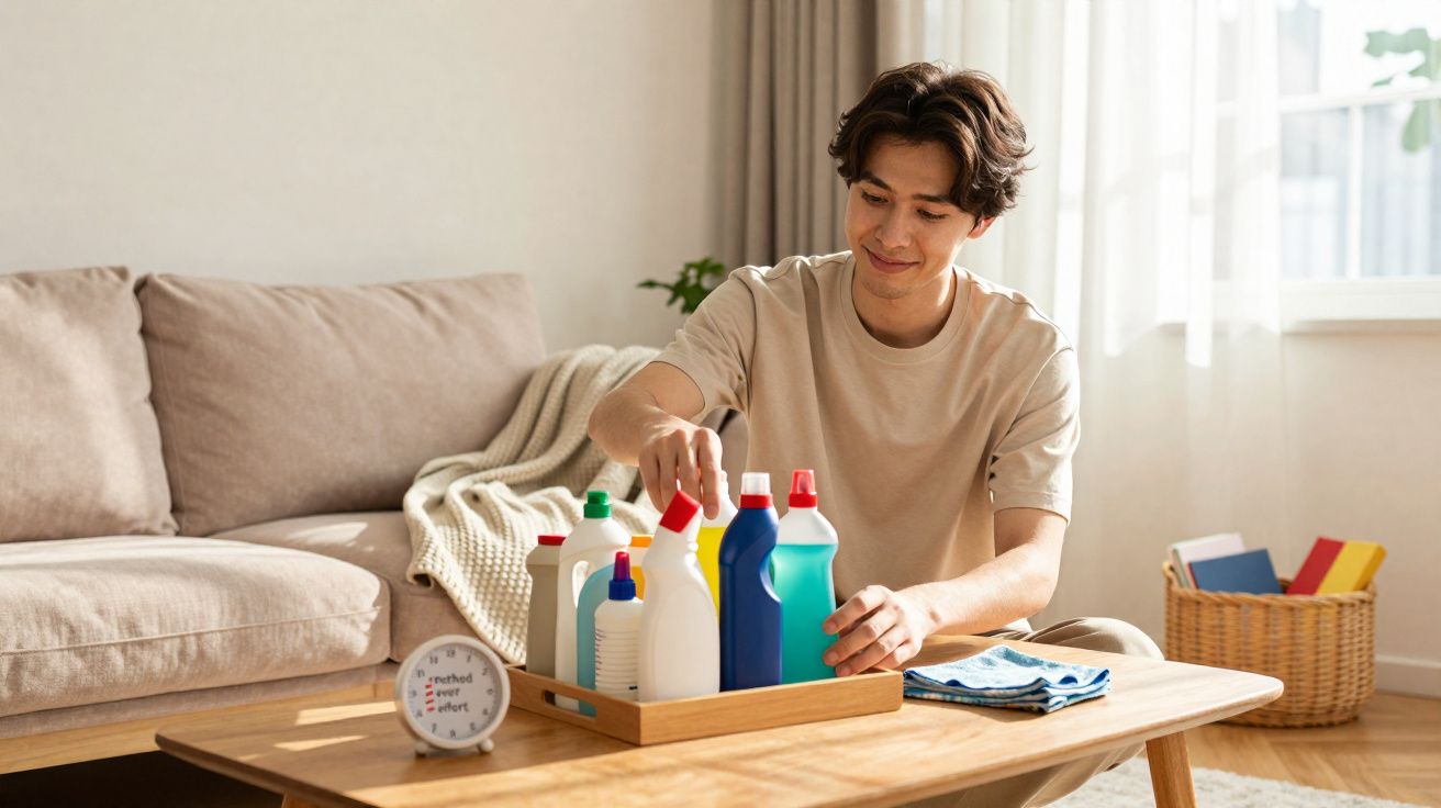 Homem sentado no chão junto à mesa com vários frascos de produtos de limpeza numa sala iluminada.