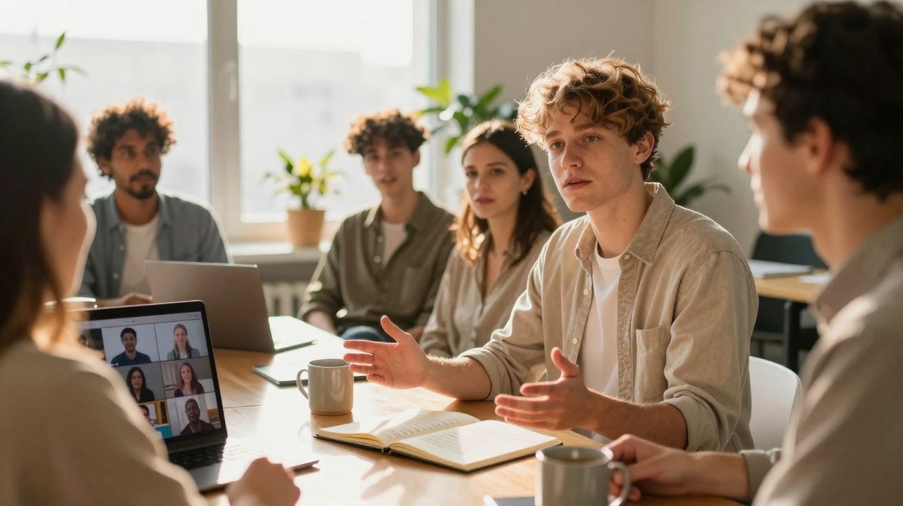 Jovens numa reunião de trabalho híbrida, com alguns presentes e outros via videochamada num laptop.