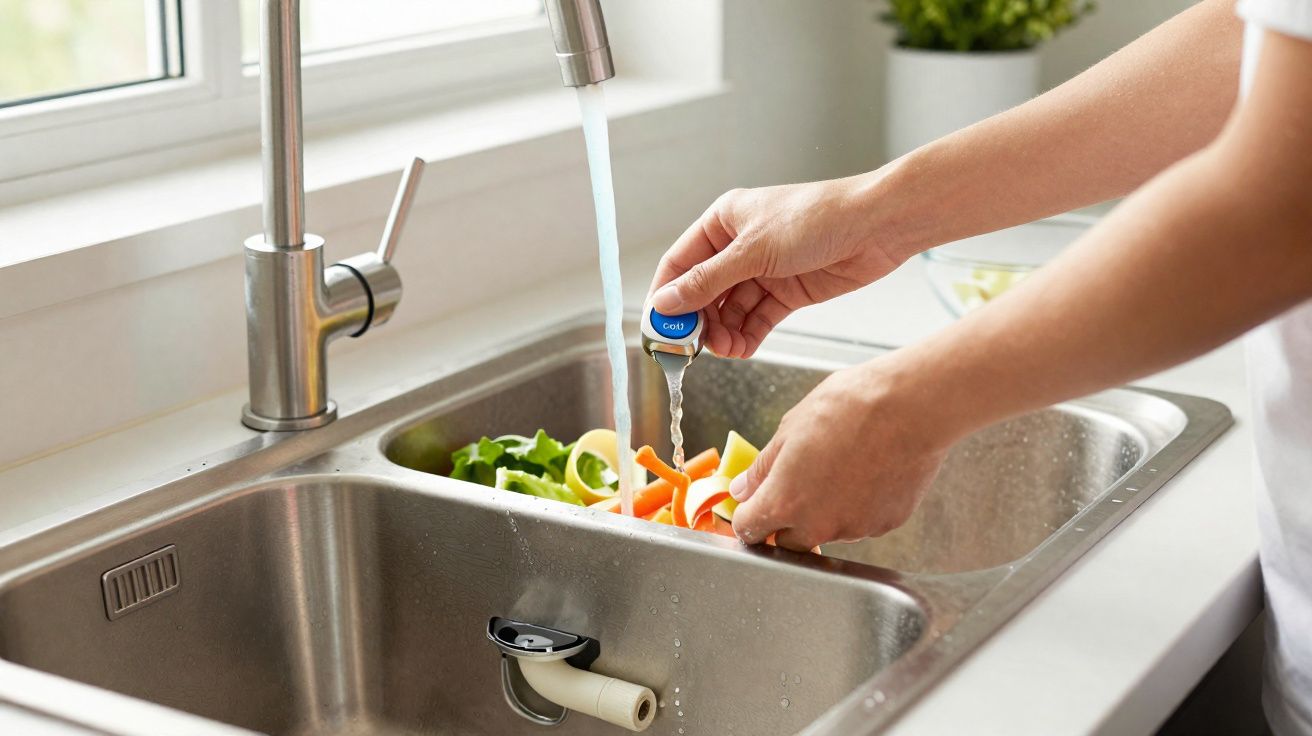Pessoa a lavar vegetais frescos numa pia de cozinha com água corrente.