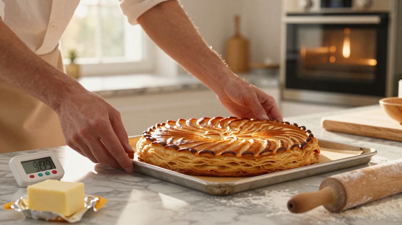 Pessoa a retirar uma tarte dourada do forno numa bancada de cozinha com ingredientes e utensílios.