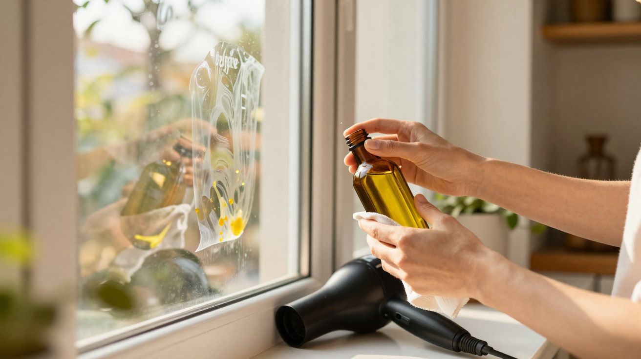 Pessoa segura frasco de óleo junto a janela com secador e papel no parapeito, ao fundo planta desfocada.
