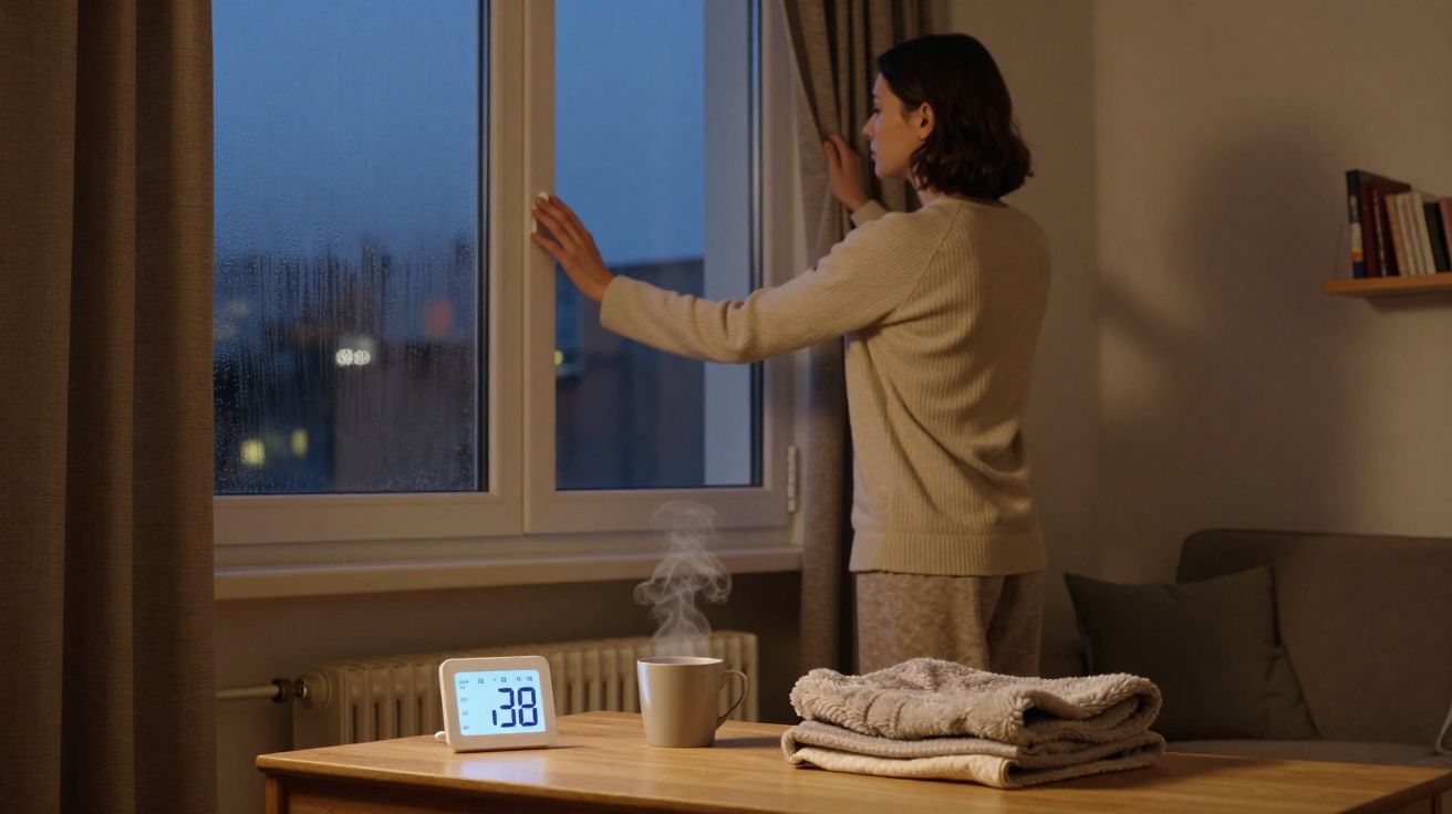 Mulher de pijama a abrir uma janela num quarto ao entardecer com termómetro digital na mesa.