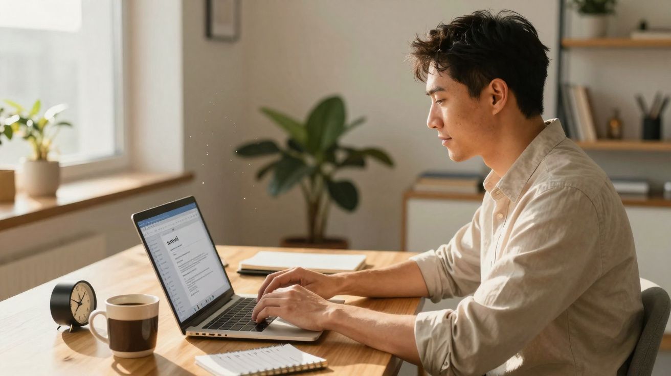 Homem a trabalhar num computador portátil numa mesa com relógio e caneca, em ambiente luminoso e organizado.
