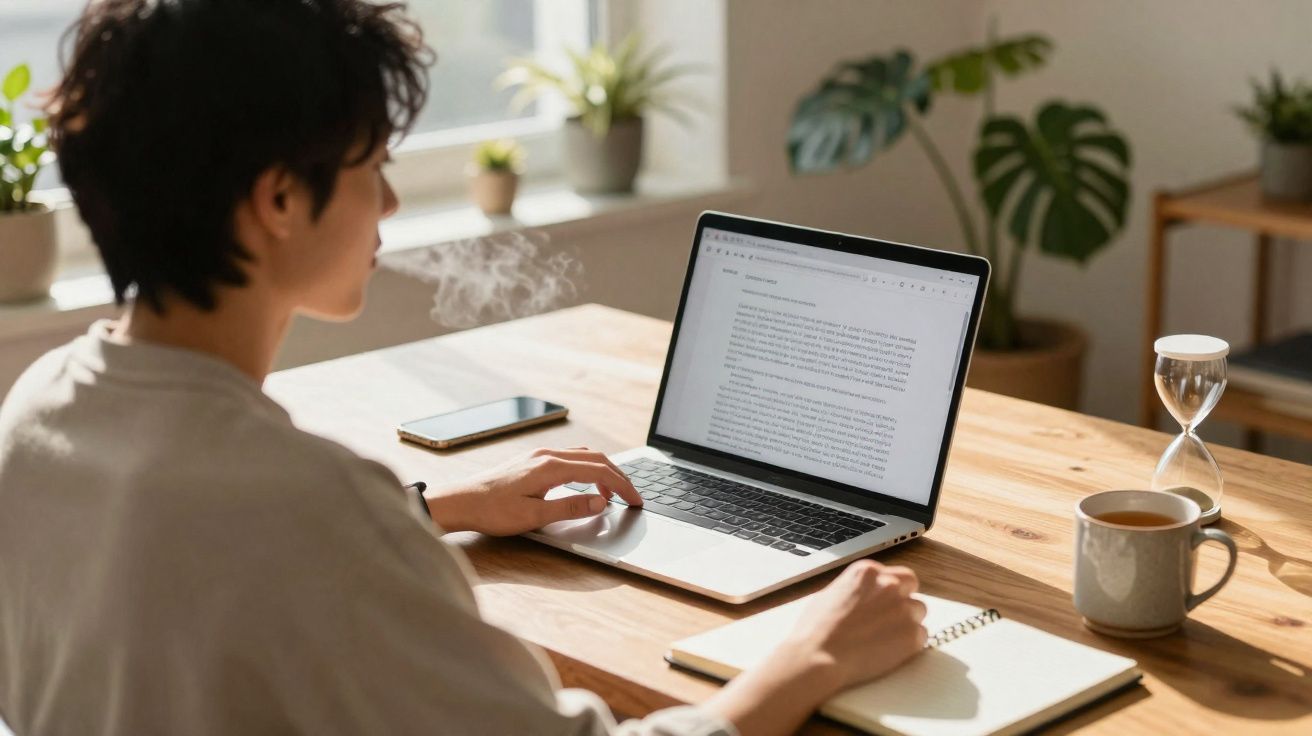Pessoa a trabalhar num computador portátil com caderno e chá numa mesa de madeira junto à janela iluminada.